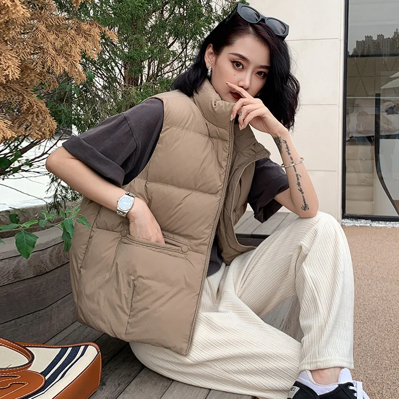 Toloer Standing Collar Down Vest Female Wear Light Warm Design Feeling Warm White Duck Down Vest Big Mouth Horse Clip Big Size Tide-Outfit Ideas