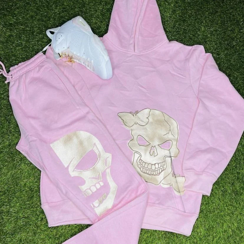 Fashion personality street style skull hooded sweatshirt printed two-piece set