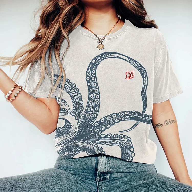 Japanese Art Vintage Octopus Graphic Painting Art T-Shirt