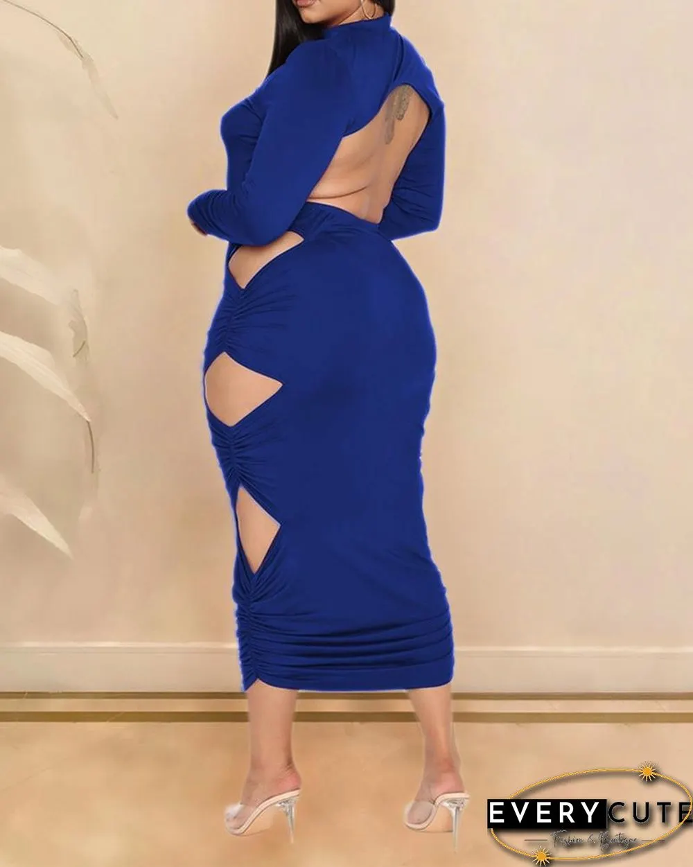 Plain Ladder Cutout Ruched Backless Maxi Dress P13980