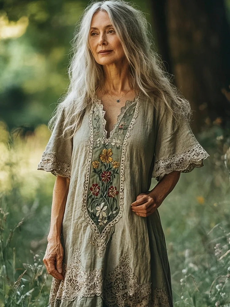 Forest Floral Embroidery Lace Trim Vintage Women's Linen Dress