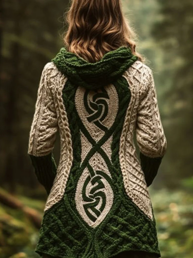 Women's Celtic Knot Contrast Color Cozy Knit Hooded Cardigan