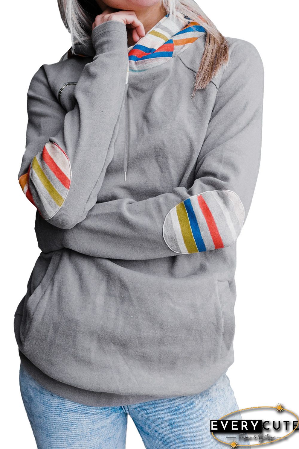 Rainbow Color Stripe Print Elbow Patch Hoodie