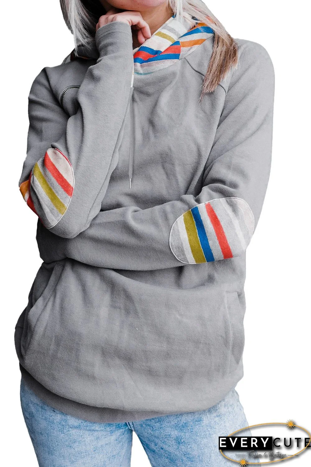 Rainbow Color Stripe Print Elbow Patch Hoodie