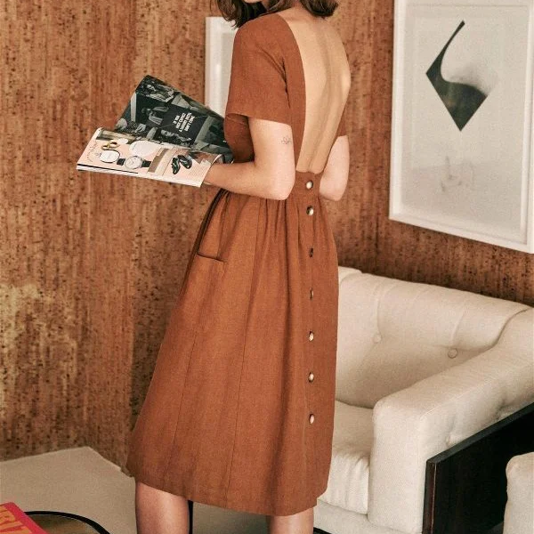 Round Neck Backless Pocket Short-Sleeved Dress