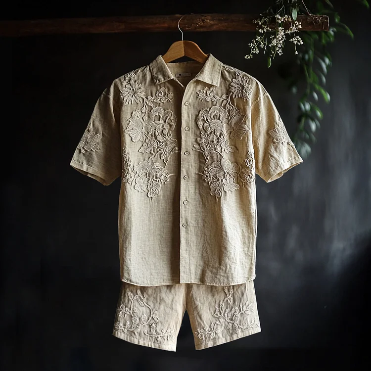 Fashion Men's Floral Lace Embroidery Art Shirt And Shorts Co-ord Set