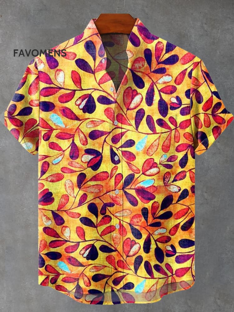 Autumn Color Leaves Vintage Print Casual 100% Cotton Shirt Multicolor / S