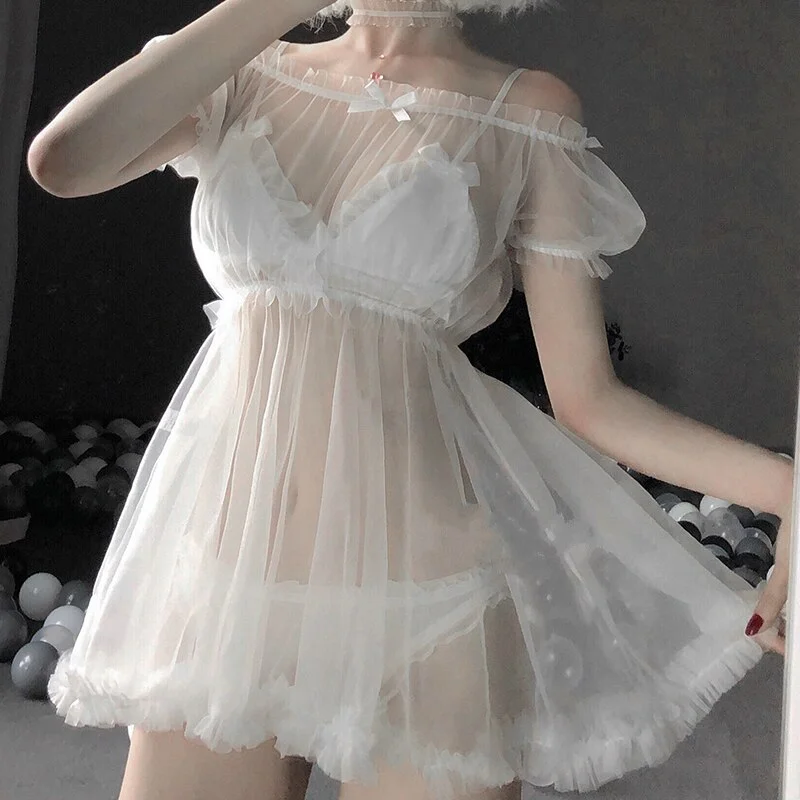 Billionm Sexy Lingerie Bunny Cosplay Nightdress Women Transparent Lace Set Black White Lovely Erotic Princess Sleepwear Lolita Dresses