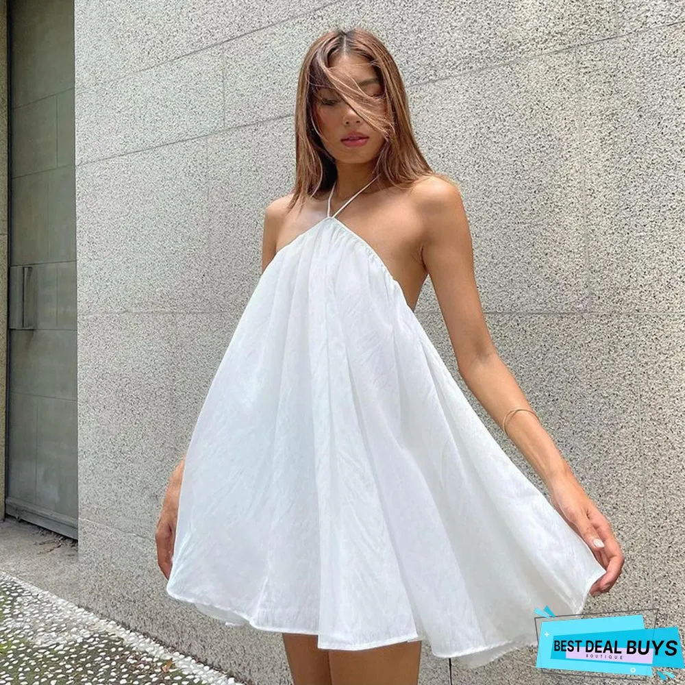 Loose Backless Dress Casual White Niche Mini Neck Skirt Girl White Dresses
