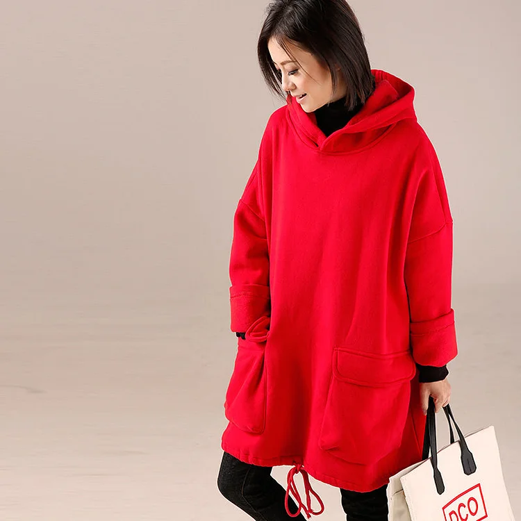 fashion red women high neck cotton hooded blouses