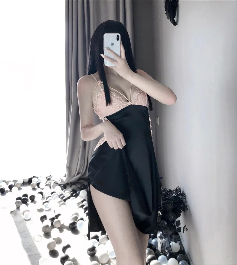 Billionm 4 Colors Womens Chemise Flower Lace Full Slips Nightgown Sling Sleeveless Sexy Onepiece Dress Thong V-Neck Lace Lingerie Female