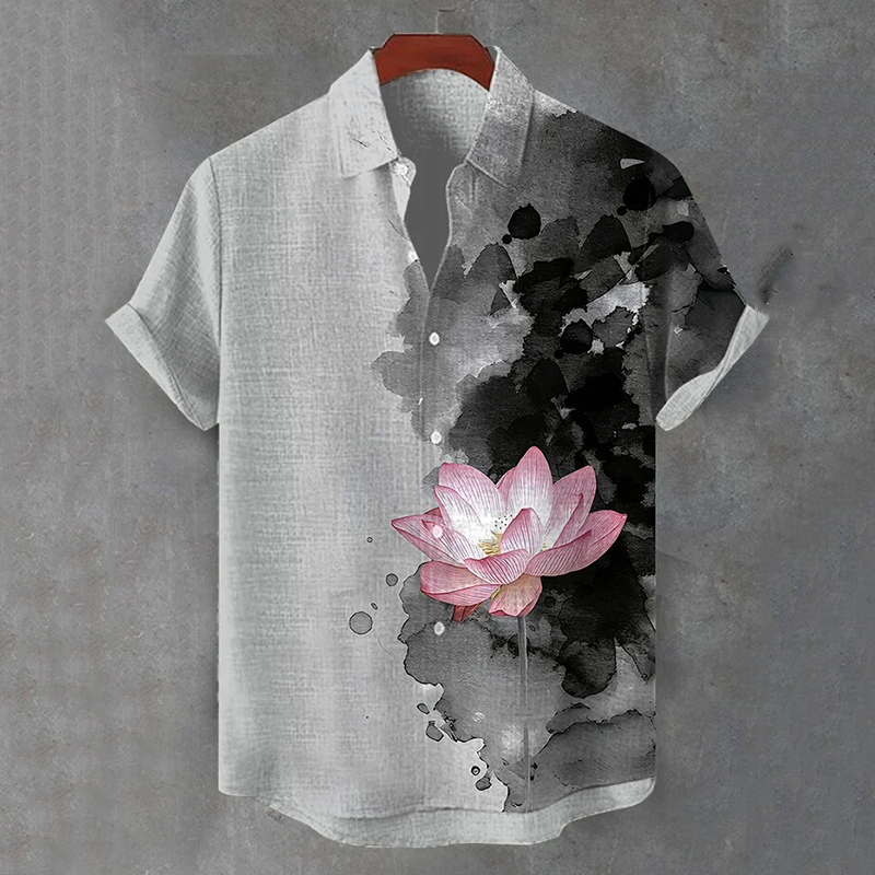 Men's Lotus Ink Art Print Short Sleeve Shirt