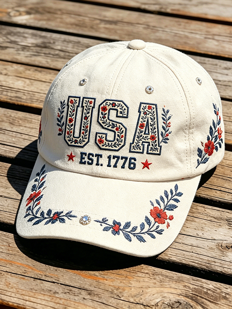  American Elements And Plant Flower Embroidery Pattern Leisure Washed Cap Westsshops