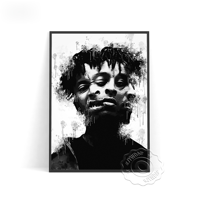 Britain Rapper 21 Savage Print Poster, Black White 21 Savage Fans Collect Art Prints, Nordic Portrait Painting Home Wall Decor