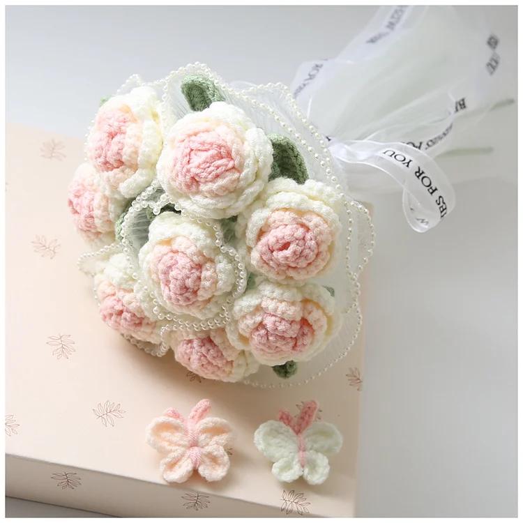 Lulusnow Handmade White Pink Rose Crochet Flowers Bouquet Wedding/Forever Loving Girlfriend/Wife/Bride Gift