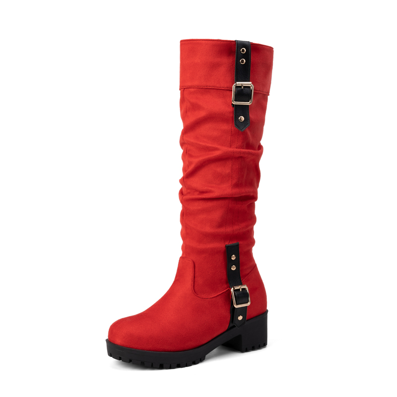 GOOSHOE Frosted Velvet Metal Belt Buckle Women's Knee High Boots Float Round Heel Long Boots
