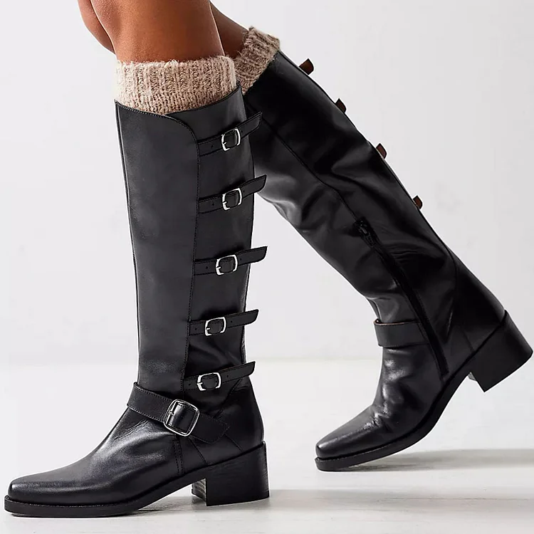 Black Pointed Toe Low Block Heel Shoes Buckle Tall Motorcycle Boots |FSJ Shoes