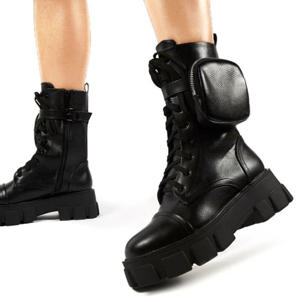Winter Fashion Motorcycle Boots Wedges Flat Boots Woman High Heel Platform PU Leather Boots Lace Up Women Shoes Black Booties - Shop Trendy Women's Clothing | LoverChic