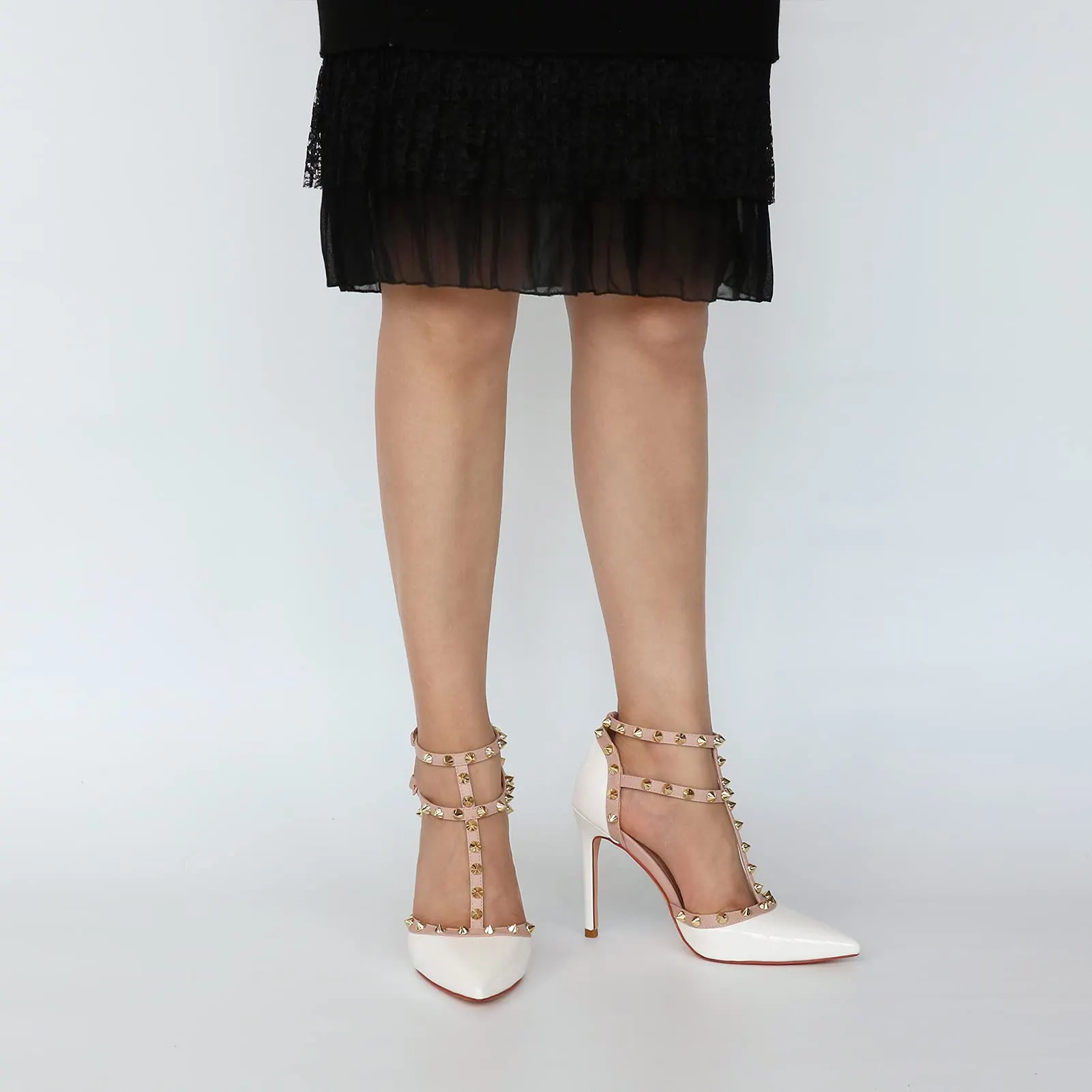 100mm Womens Pointed Toe Pumps Golden Point Rivets Ankle Strap White Sandals-vocosishoes