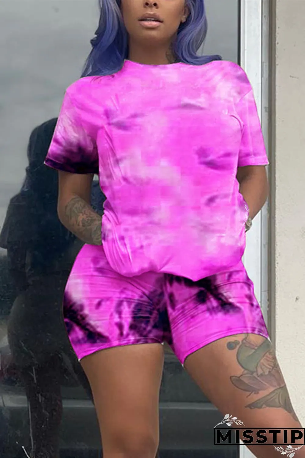 Pink Fashion Casual Tie-dye Printed Two-piece Set