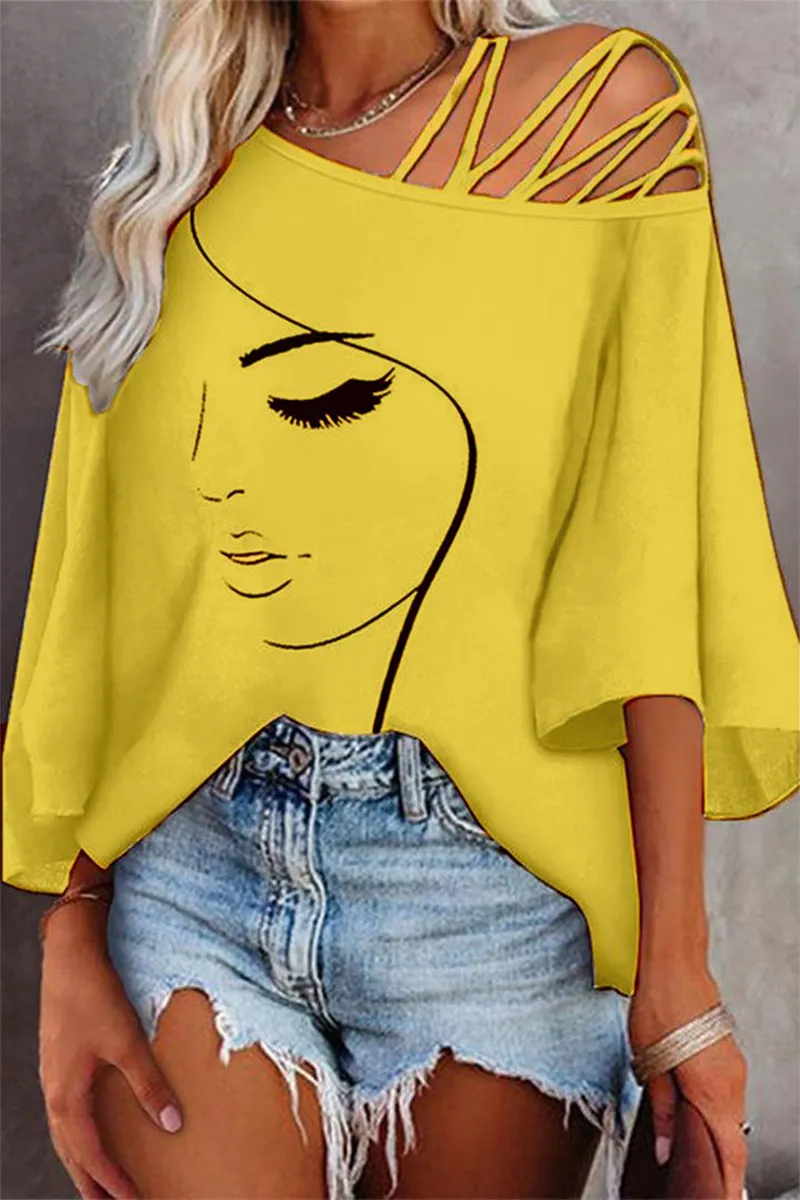 Figure Print Hollow Out Asymmetrical Neck Blouse