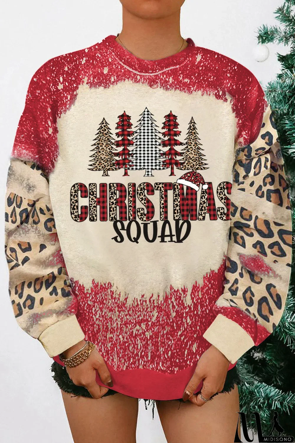 MidiSono - Red Christmas Tree Leopard Bleached Print Pullover Sweatshirt