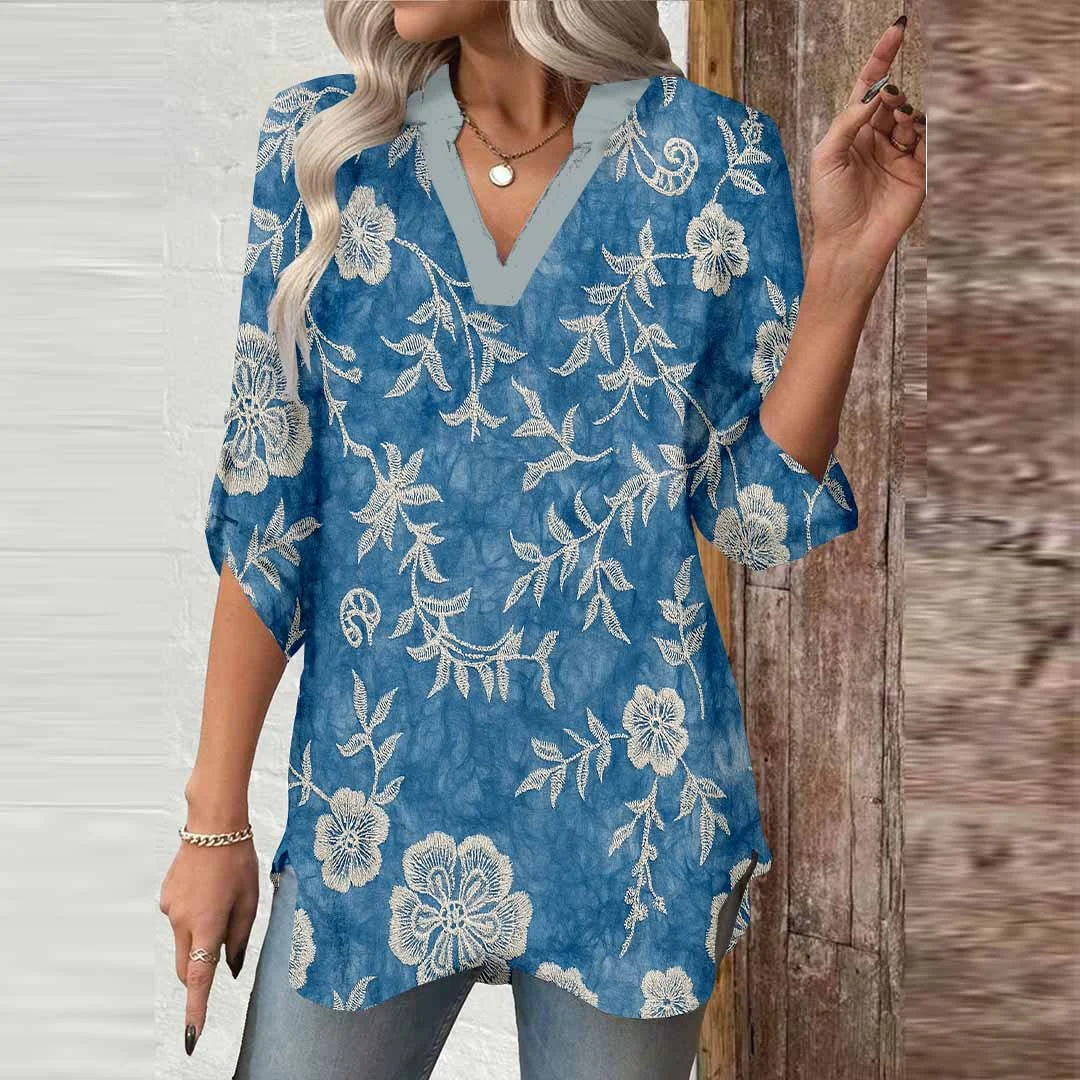 Women Floral, Blue, White DZGA0478 3/4 Sleeve V-neck Printed Graphic Button Tops
