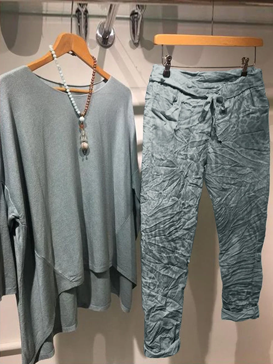 Casual Solid Color Crew Neck Top With Pants Set