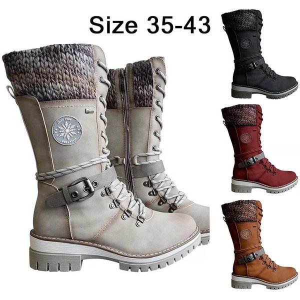 Women's Leather Boots Midcalf Boot Fashion Winter Warm Boots Female Woman Square Low Heel Shoes Round Toe Boots Lace Up Flat Boots - Shop Trendy Women's Fashion | TeeYours