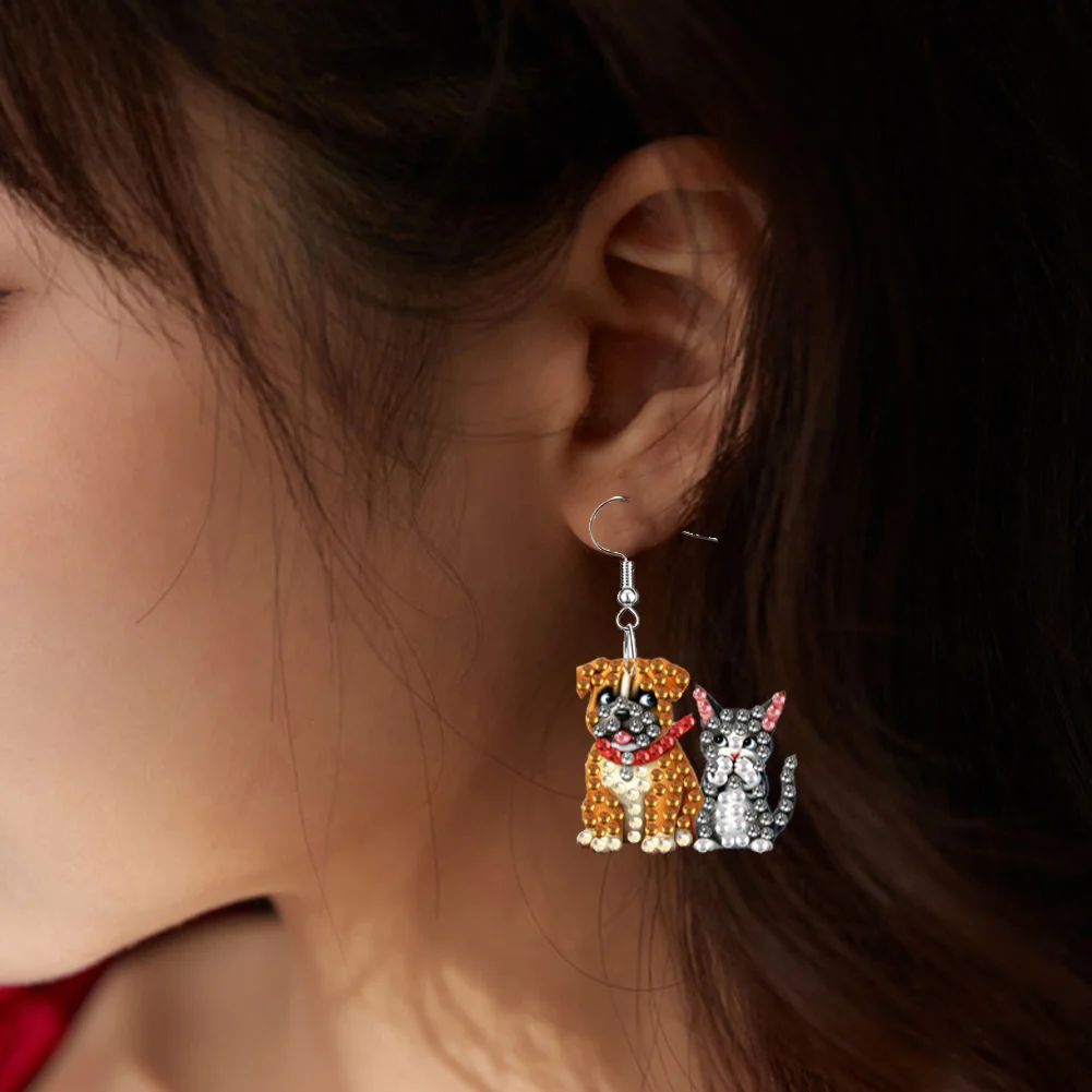 4 Pairs Cat Dog Double Sided Diamond Painting Earrings DIY Earrings Making Kit