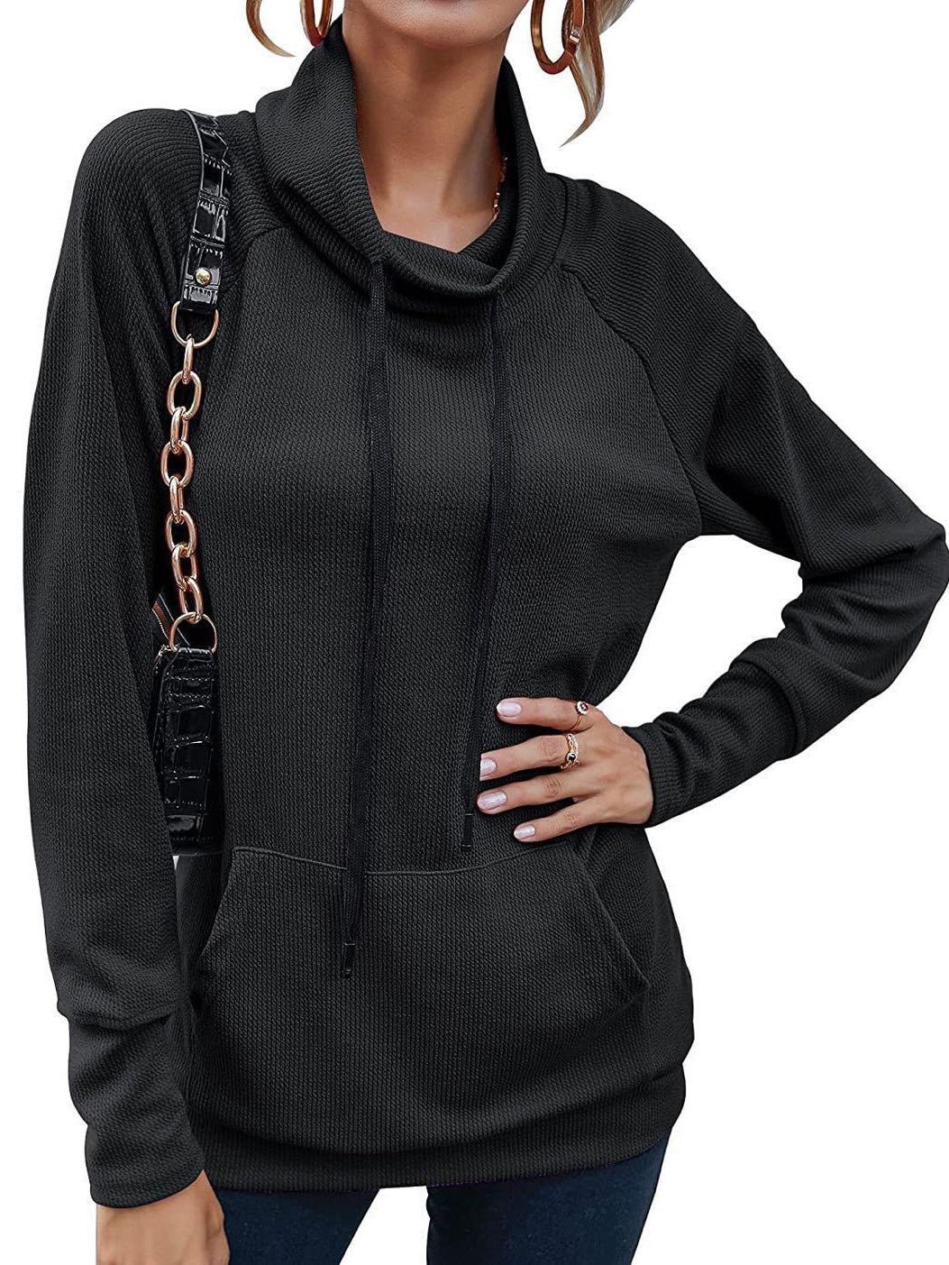 Women's Casual High Neck Long Sleeve Sweater With Drawstring Hood Top