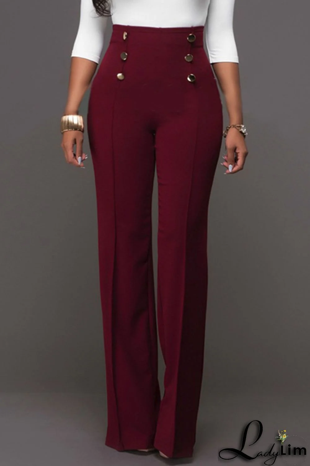 Burgundy Fashion Casual Solid Patchwork Regular High Waist Trousers