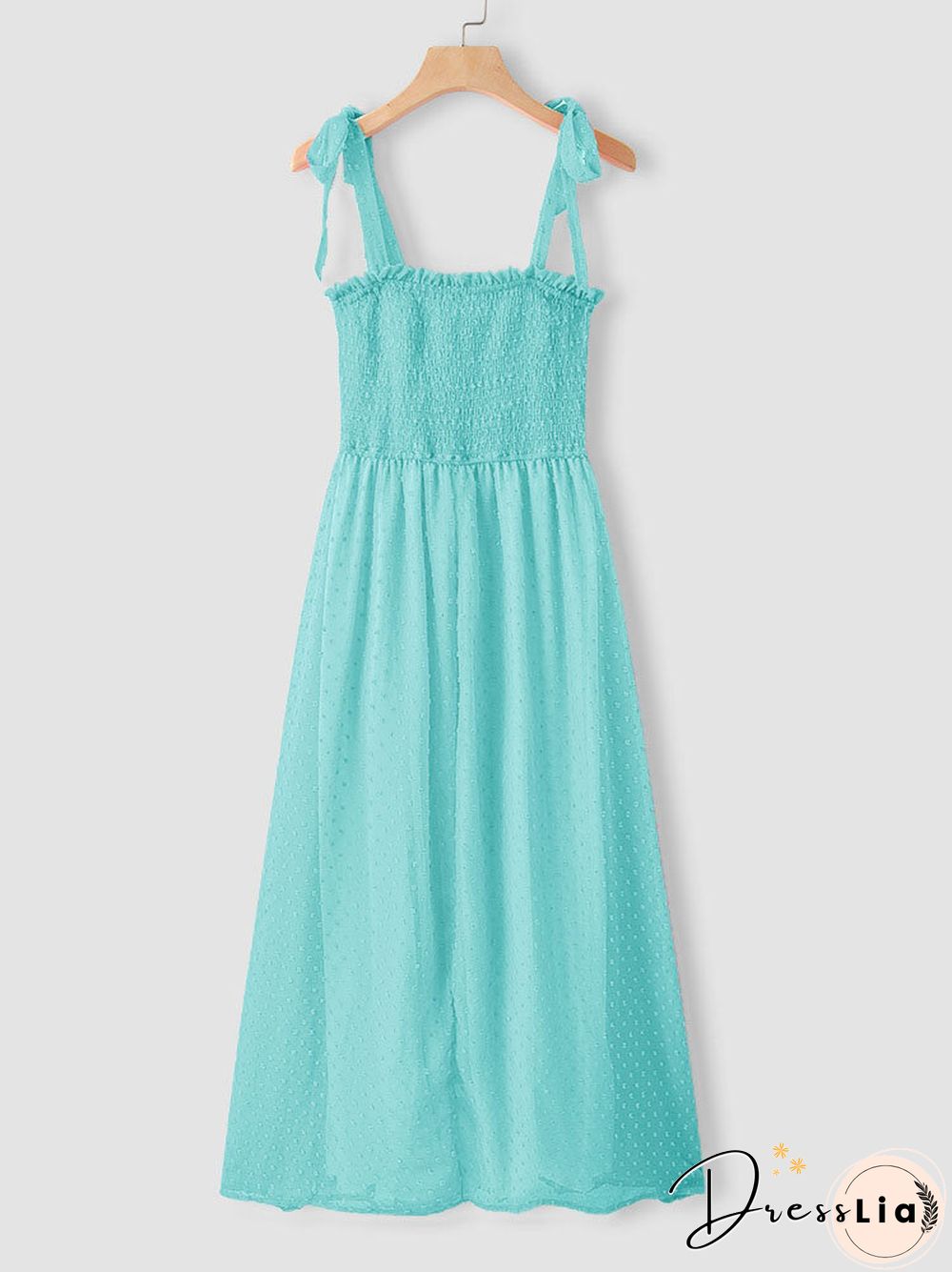 Solid Smocked Tie Strap Slit Open Back Chiffon Maxi Dress