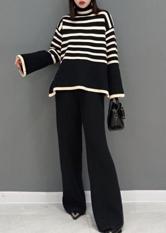 Beautiful Black Turtle Neck Striped Knit Two Piece Suit Set Autumn