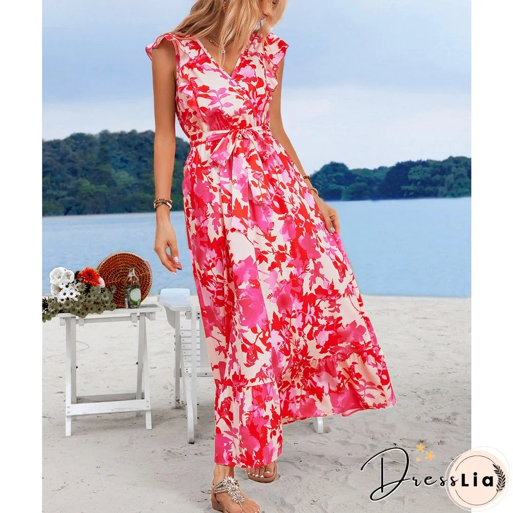 Elegant Floral Print Dress For Women Summer Dresses New Skinny V-Neck Short Flyer Sleeves Lace-up A-line Maxi Dress