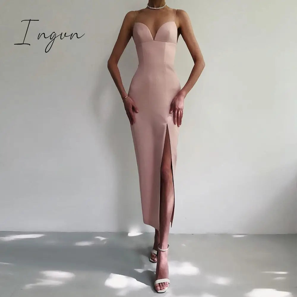 Ingvn - New Summer Women White Bodycon Bandage Dress Sexy V Neck Spaghetti Strap Club Celebrity