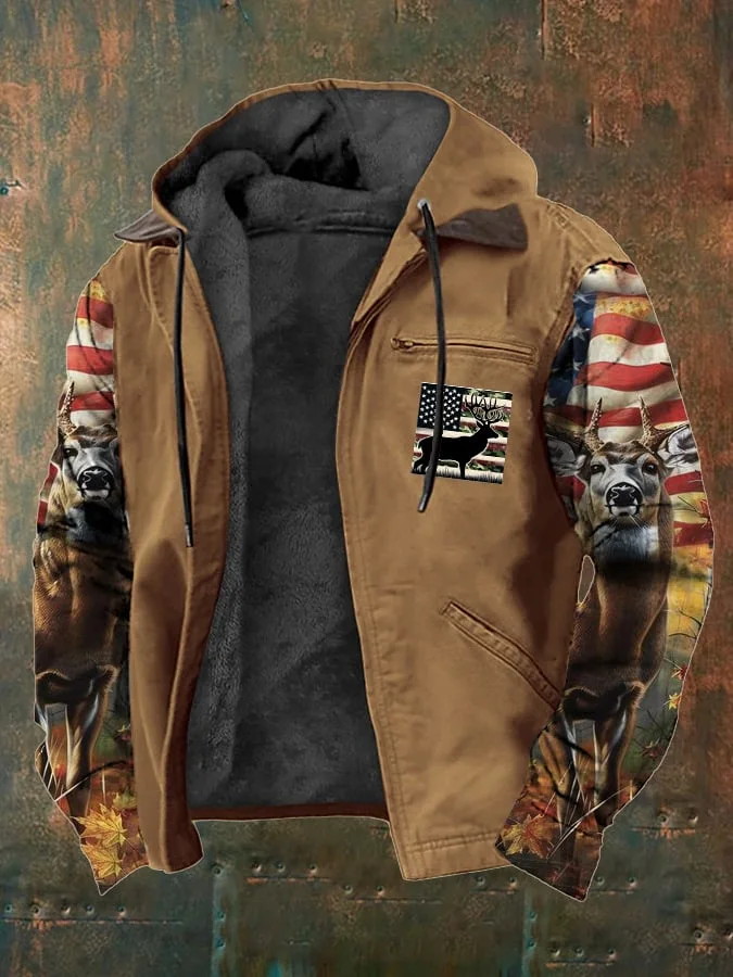 Men's Vintage Plush Western Elk Print Zipper Jacket