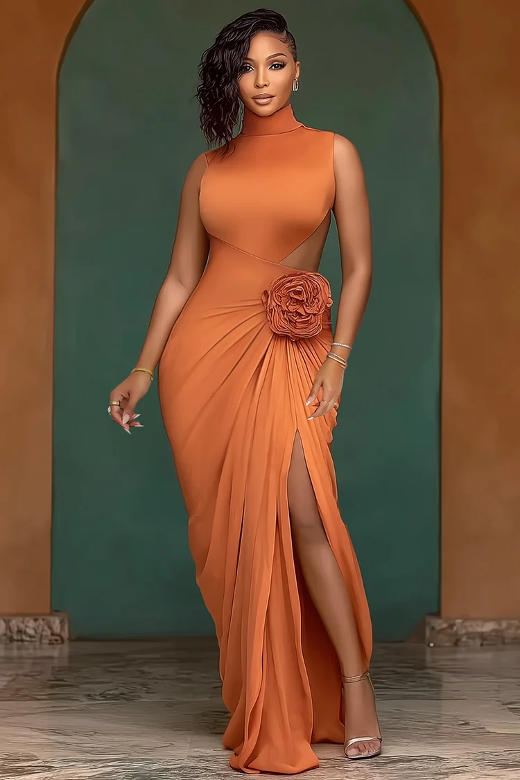 High Neck Cutout Ruched Rosette Slit Party Maxi Dresses-Orange [Pre Order]