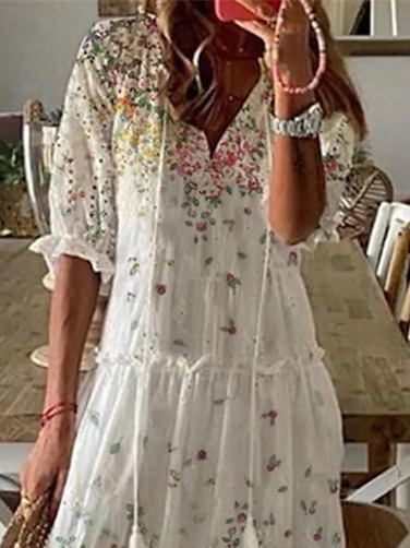 Women Half Sleeve V-neck Solid Color Dress