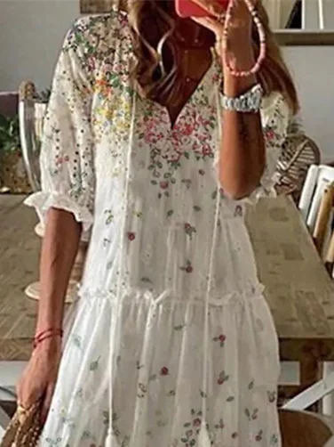 Women Half Sleeve V-neck Solid Color Dress