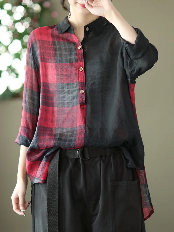 Vintage Long Sleeves Roomy Buttoned Contrast Color Plaid Lapel Collar Blouses&Shirts Tops