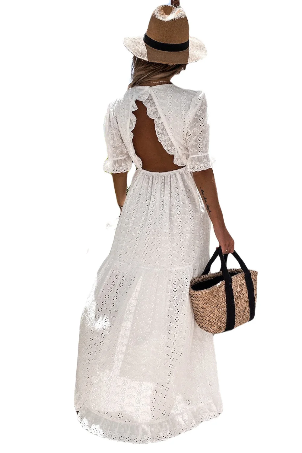 Women White Lace Crochet Open Back Ruffled High Waist Maxi Dress
