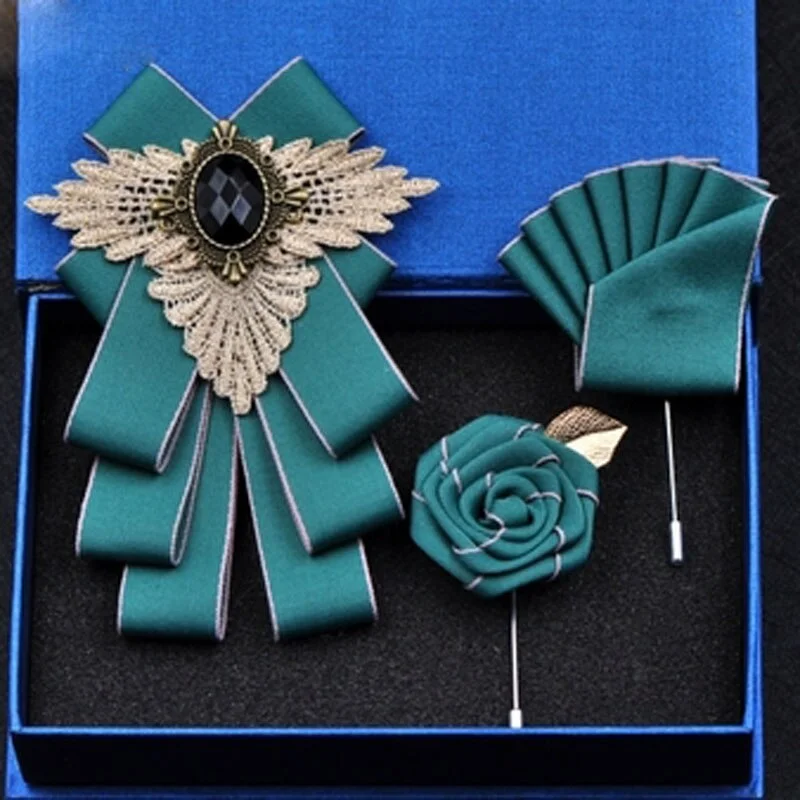 Fashion New Casual Multilayer Bowtie Diamond Brooch Rhinestone Red Bow Tie Brooch Set Wedding Groom Groomsmen Pocket Square Men