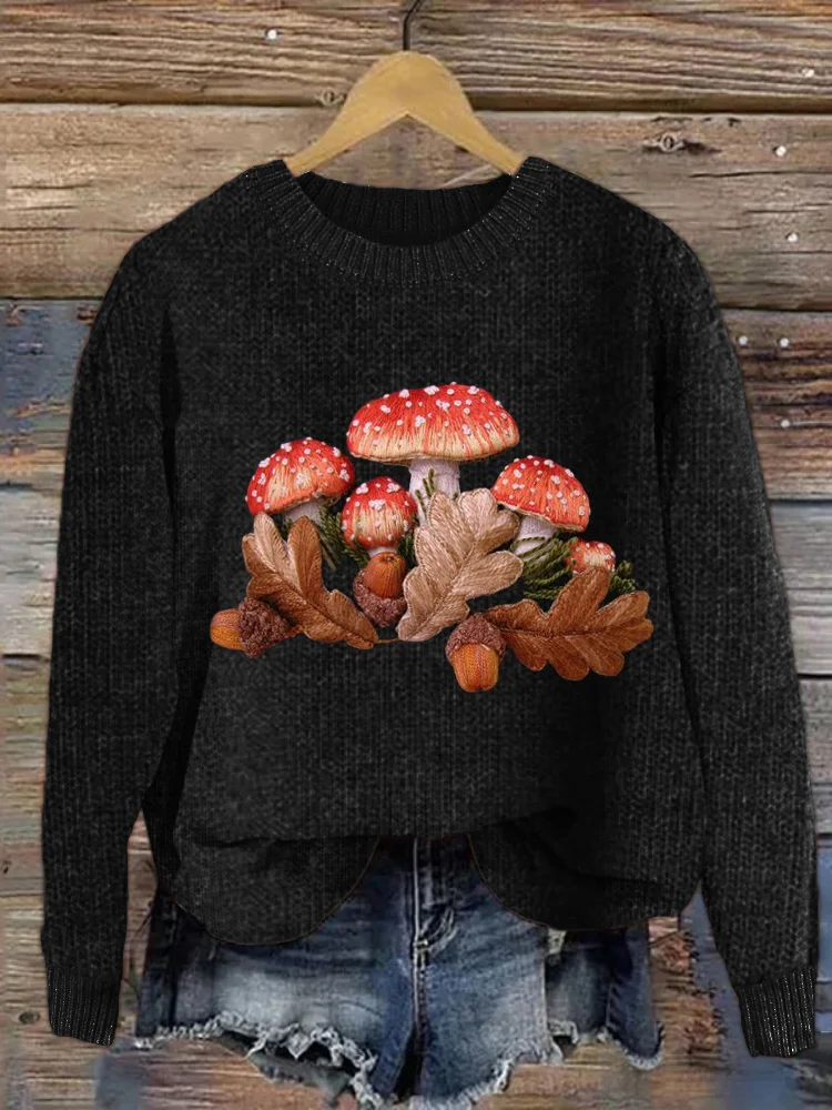 🔥kukelife🔥Mushroom & Acorn 3D Embroidery Art Cozy Sweater