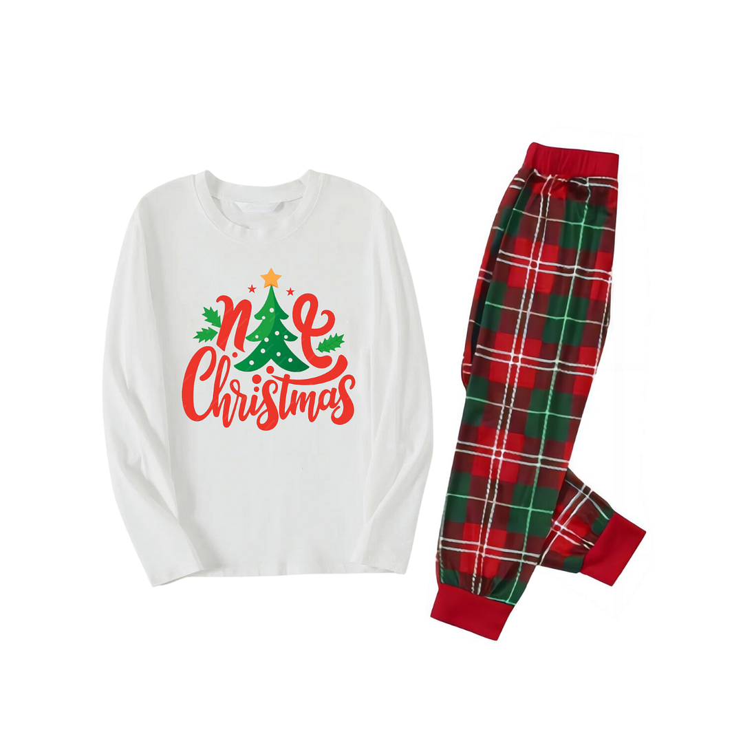 Christmas Tree with Stars and Colorful Pattern White Top with Red & Green Plaid Pants Family Matching Pajama