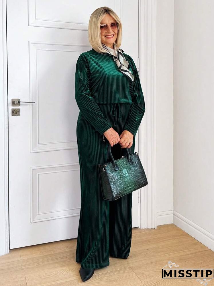 1set Women Velvet Stripe Top & Loose Pants, Olive Green, Suitable For Christmas, Autumn/Winter