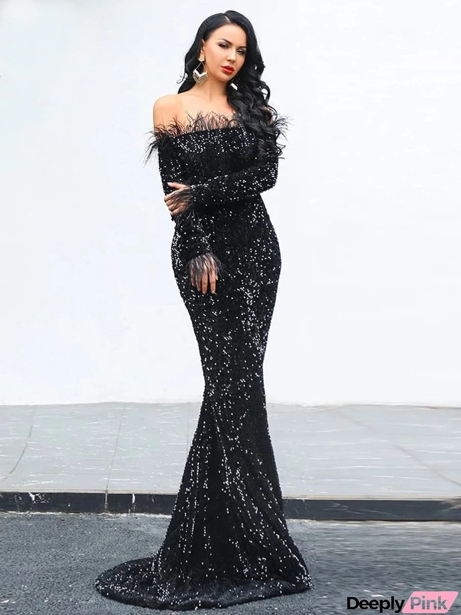 Off The Shoulder Feather Sequin Evening Dress FT19005