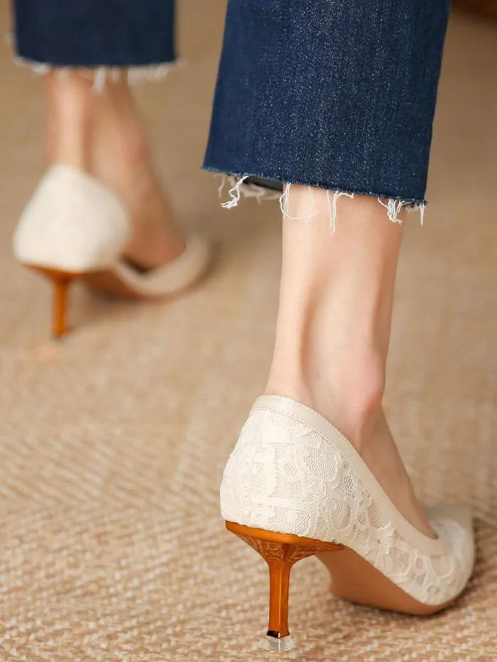 Side hollow pointed toe shallow mesh lace fashion stiletto heels