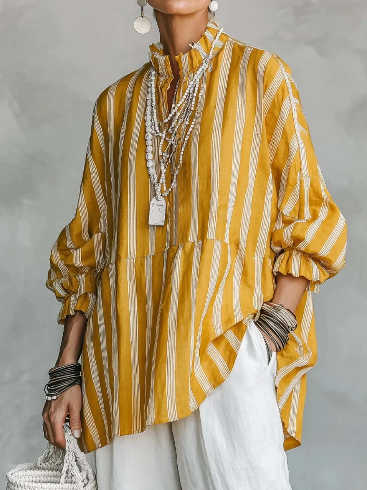 Women's Boho Striped Ruffle Collar Blouse