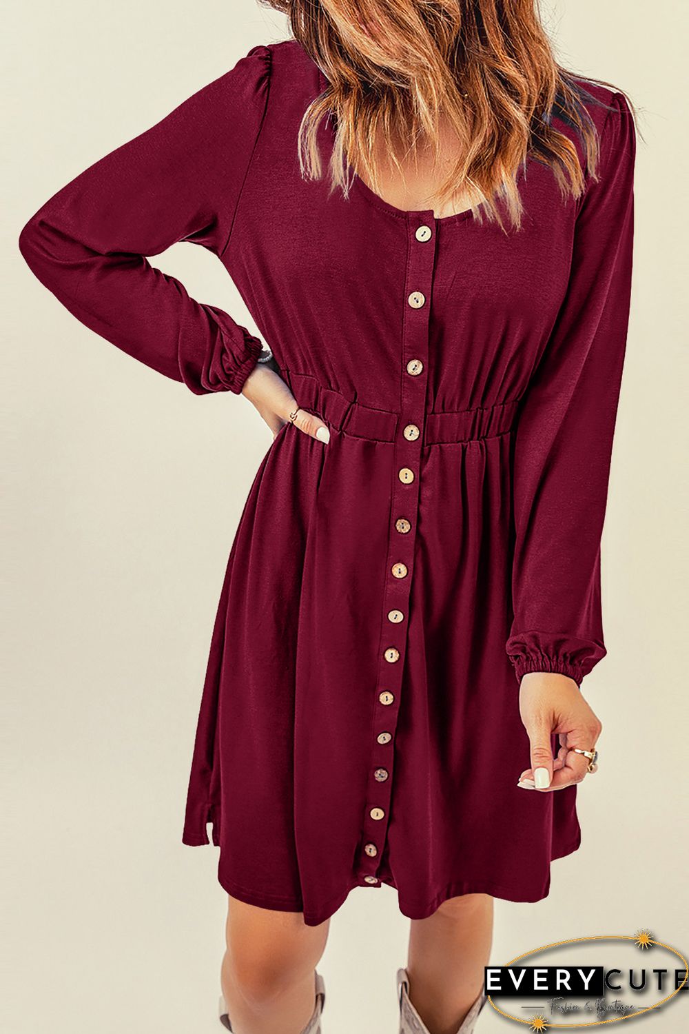 Wine Button Up High Waist Long Sleeve Dress